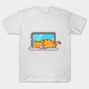 The cute cat is sleeping on laptop T-Shirt